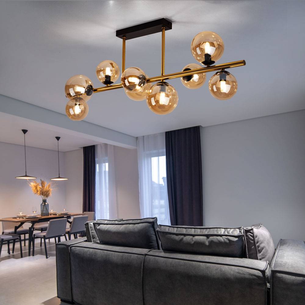 Deckenleuchte mit Glas Strahler Kugel Deckenlampen Glaskugeln Esstisch, LED messing amber 9 flammig, 3,5W 350lm 3000K, LxBxH 87x30x38 cm