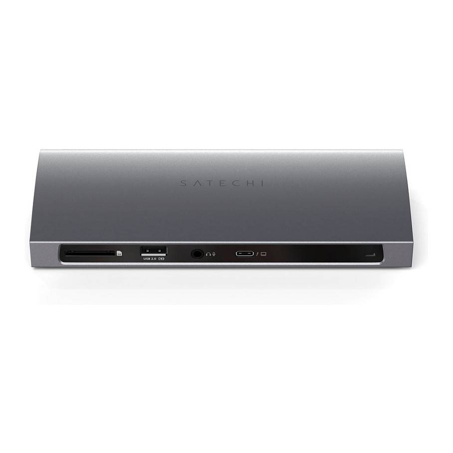 Graue Satechi Dockingstation mit nach vorne gerichtetem Kartensteckplatz, USB-C-Anschluss, Audiobuchse und USB-Anschlüssen.