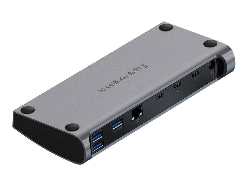 Eine graue Dockingstation mit mehreren Anschlüssen, darunter USB-C, USB-A und Ethernet, die verschiedene Geräteanschlüsse ermöglicht.