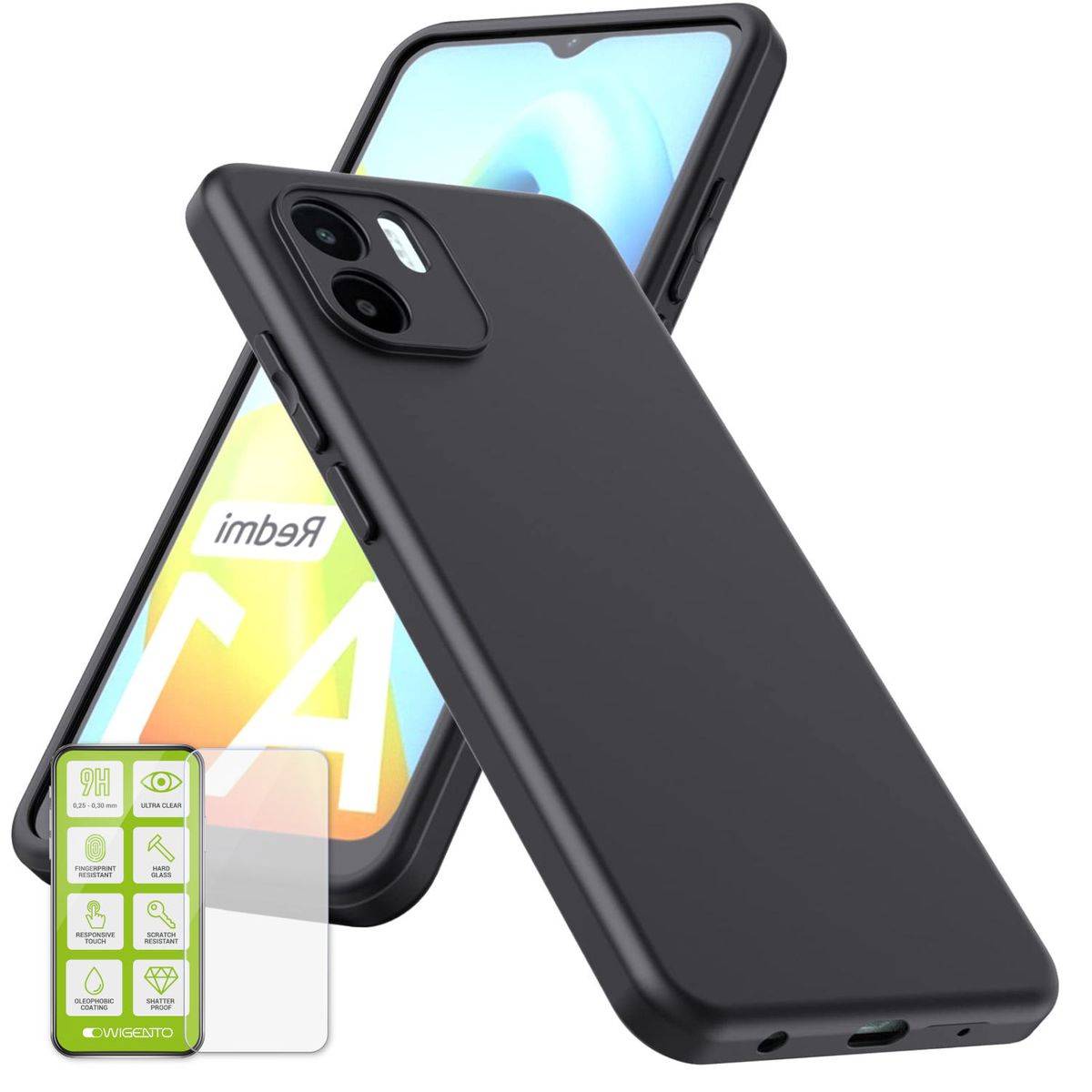 Für Xiaomi Redmi A2 / A1 Silikoncase TPU Schwarz + 0,26 H9 Glas Handy Tasche Hülle Schutz Cover