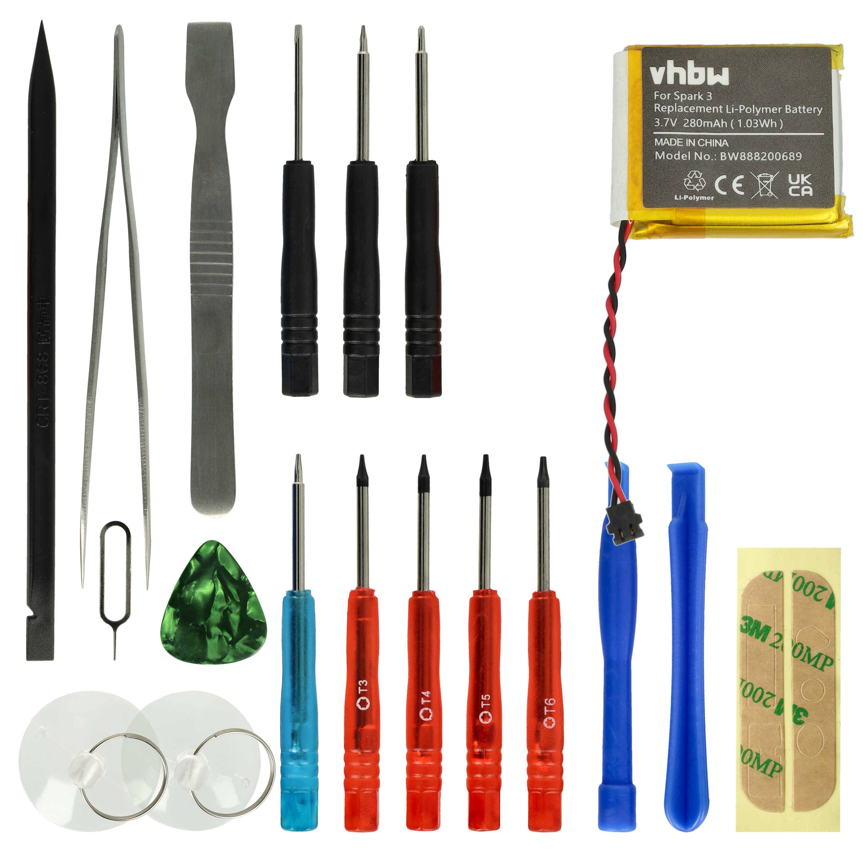 vhbw Akku kompatibel mit TomTom Golfer 2 Smartwatch Uhr Fitnessarmband (280 mAh, 3,7 V, Li-Polymer) + Werkzeug-Set