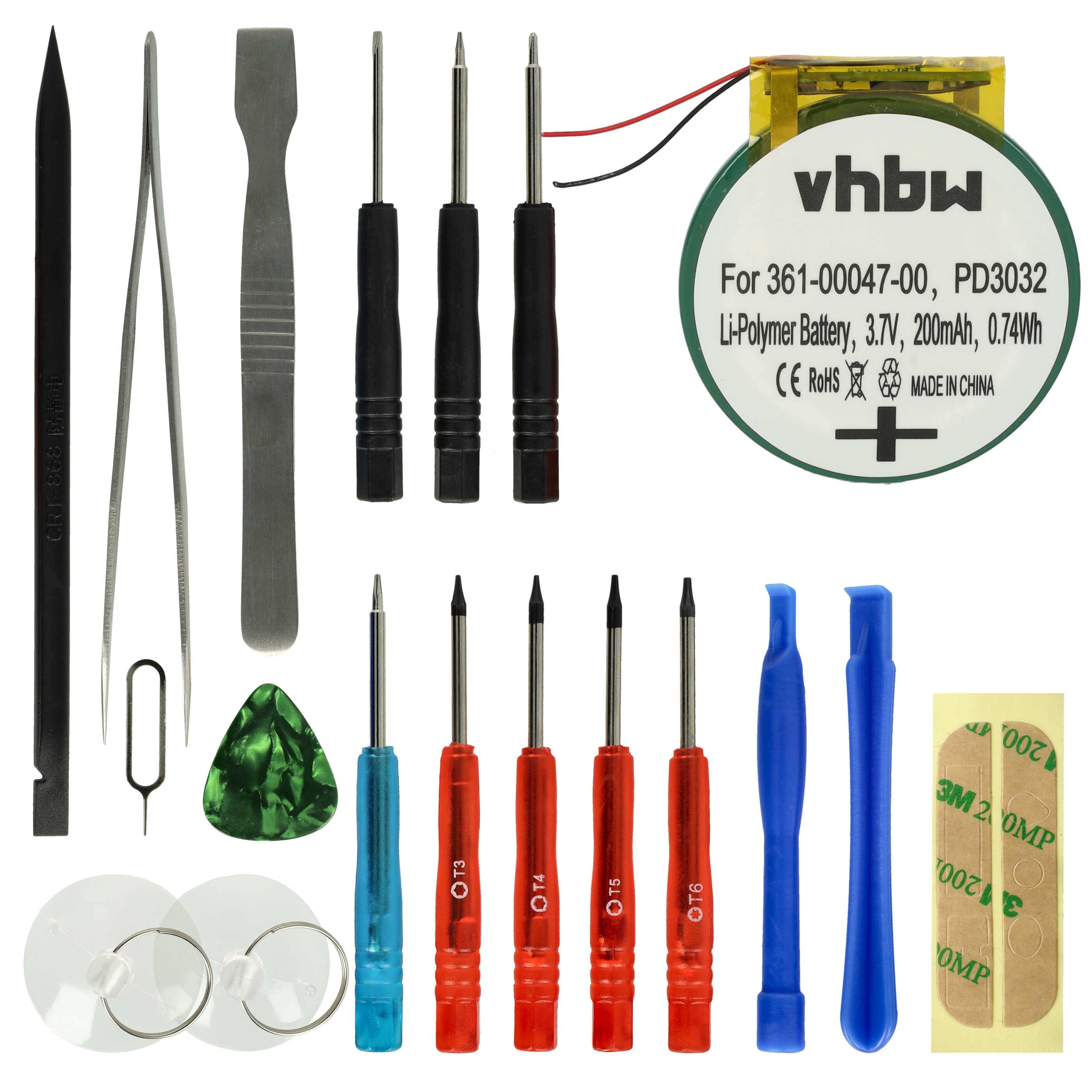 vhbw Akku Ersatz für Garmin 361-00047-00, PD3032 für Smartwatch Uhr Fitnessarmband (200mAh, 3,7V, Li-Polymer) + Werkzeug-Set