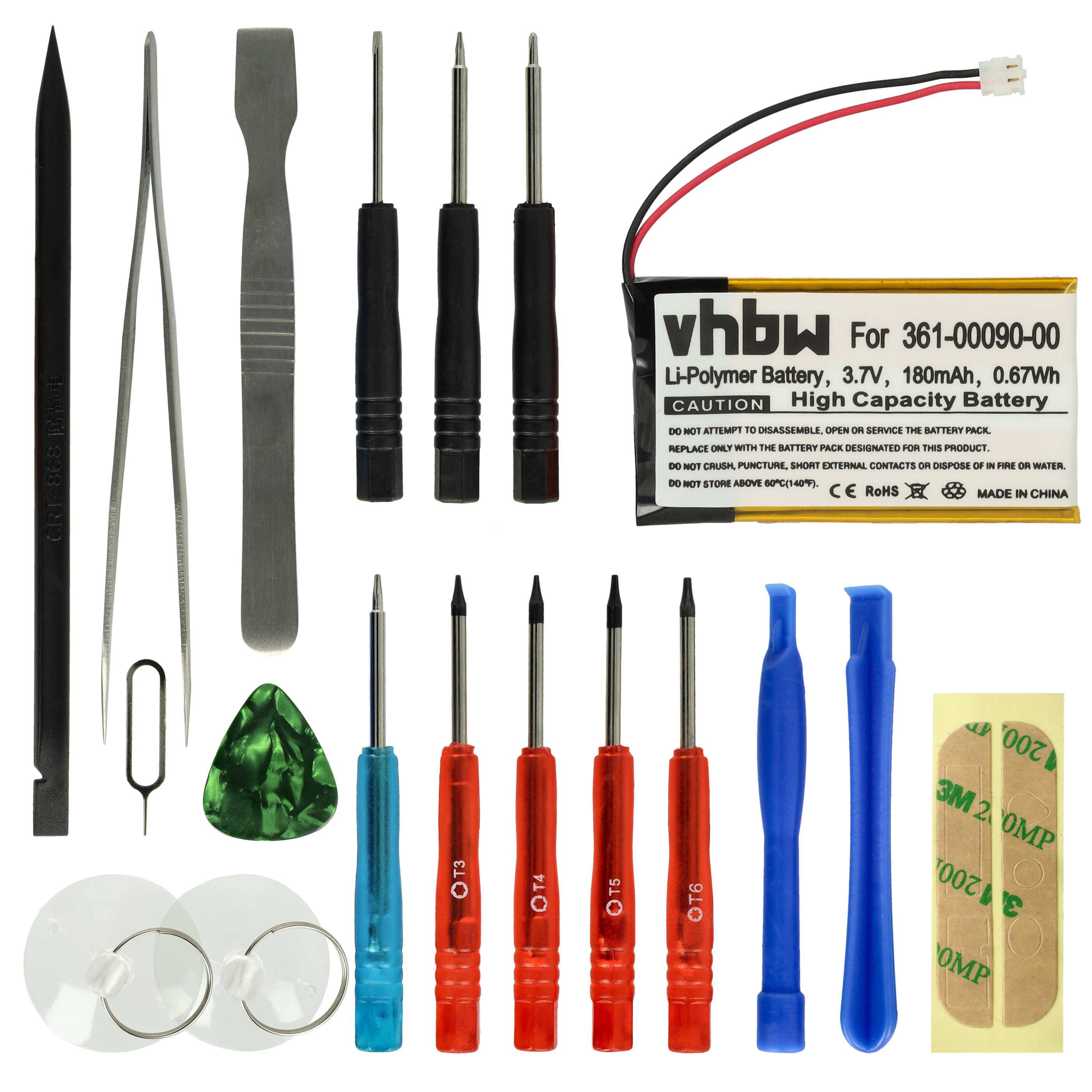 Elektronik-Reparaturset mit Schraubendrehern, Pinzetten, Saughebern, Hebeln und einer 3,7-V-Lithium-Polymer-Batterie mit Warnetikett.