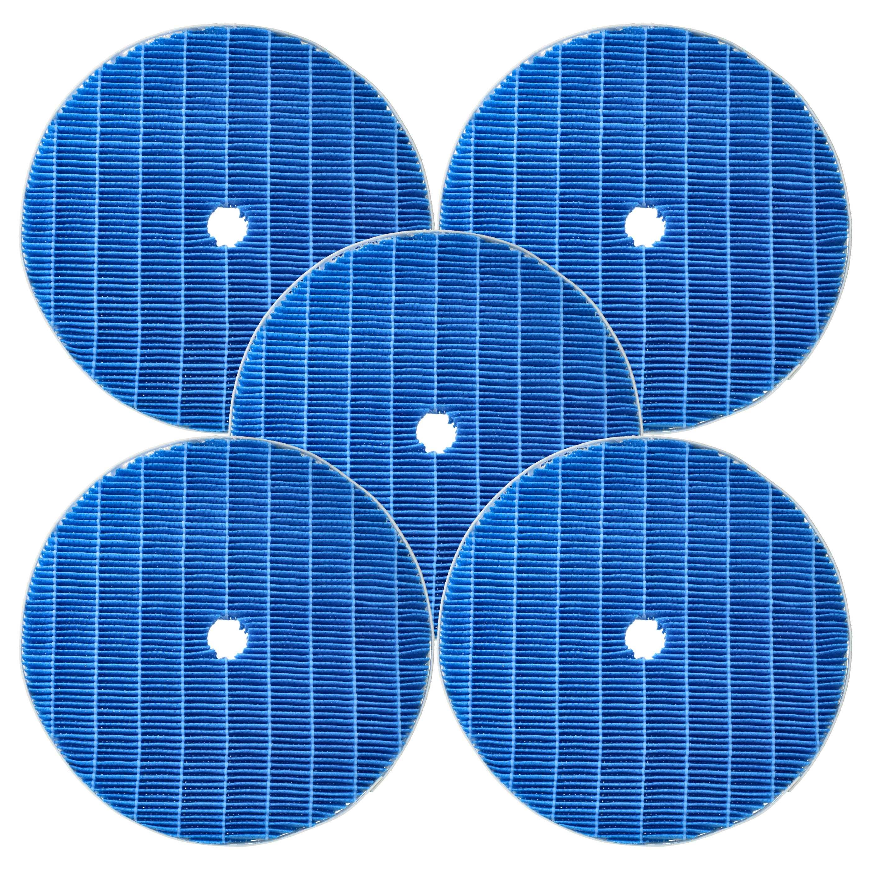 Fünf blaue kreisförmige Solarzellen mit kleinen zentralen Löchern, angeordnet in einem sich überlappenden Cluster auf weißem Hintergrund.