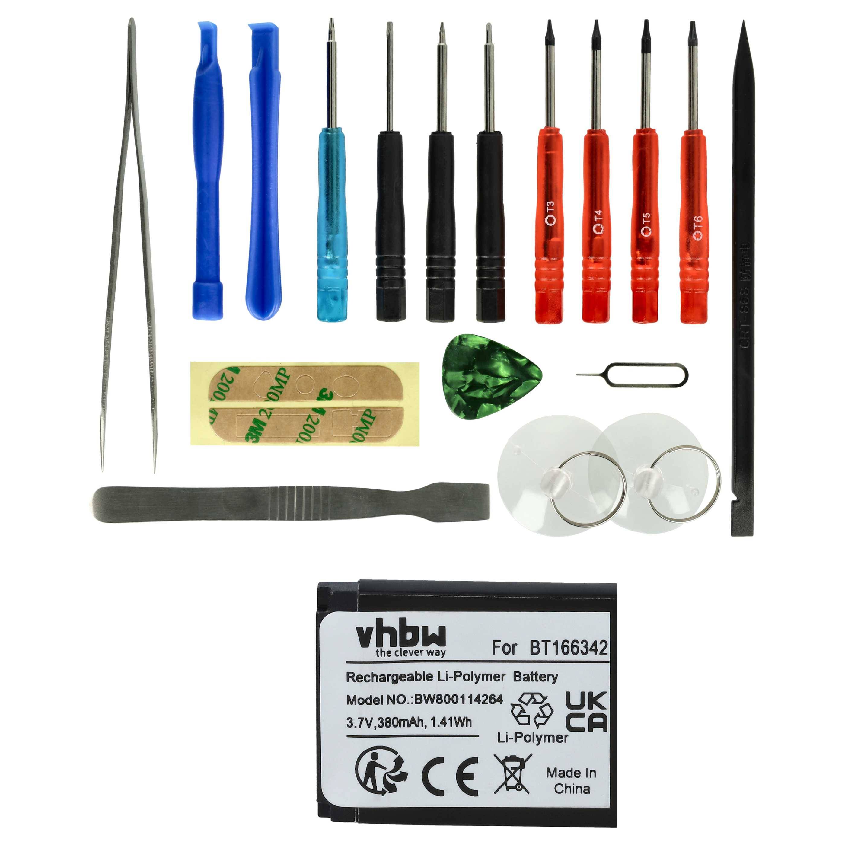 vhbw Akku kompatibel mit Simvalley PW-430, PW-430.mp, PW-440 Smartwatch Uhr Fitnessarmband (380 mAh, 3,7 V, Li-Polymer) + Werkzeug-Set