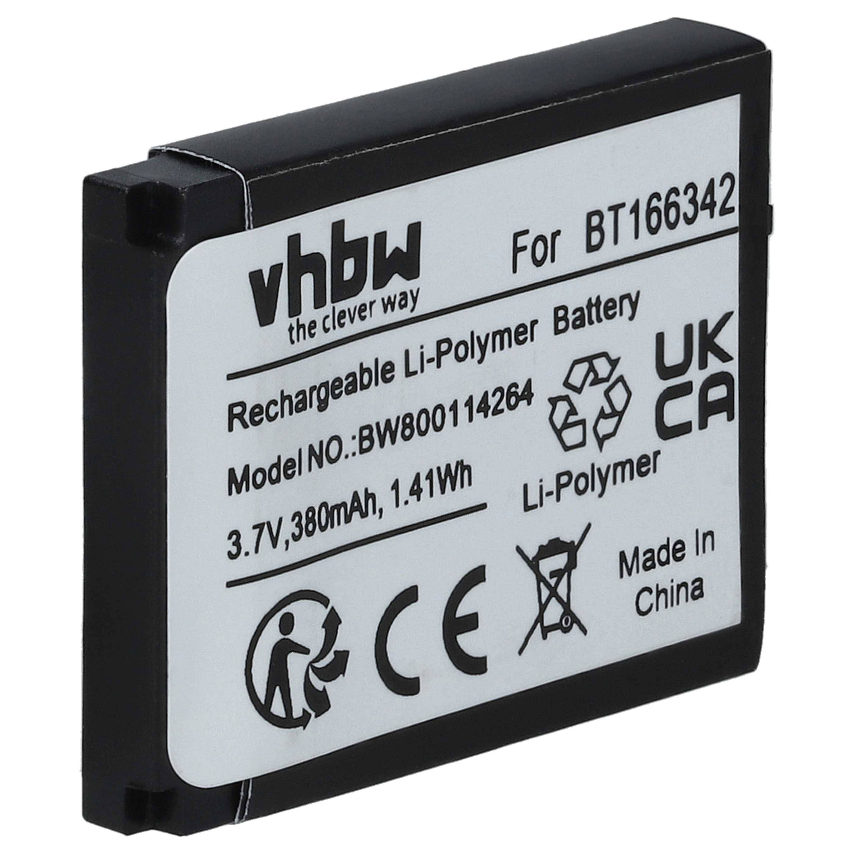 Wiederaufladbare Li-Polymer-Batterie für BT166342 Modell. Spezifikationen: 3,7V, 380mAh, 1,41Wh. Beschriftungen 'vhbw,' 'UKCA,' 'Made in China.