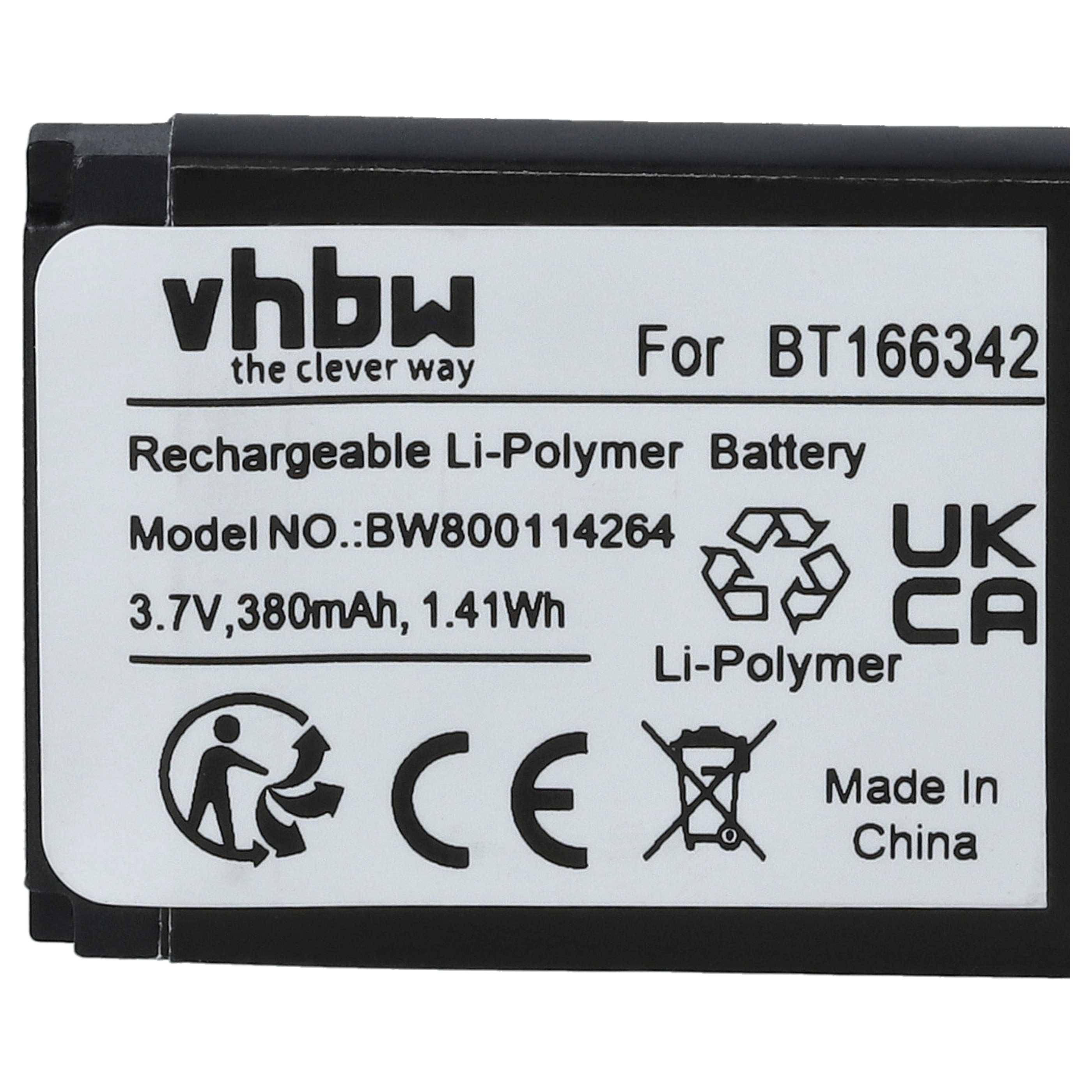Wiederaufladbare Li-Polymer-Batterie mit der Modellnummer BW800114264. Spezifikationen: 3,7V, 380mAh, 1,41Wh. Hergestellt in China.