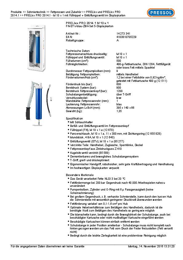Handhebelfettpresse PRELIxx PRO f.400g Kartuschen/loses Fett 500 cm³ PRESSOL