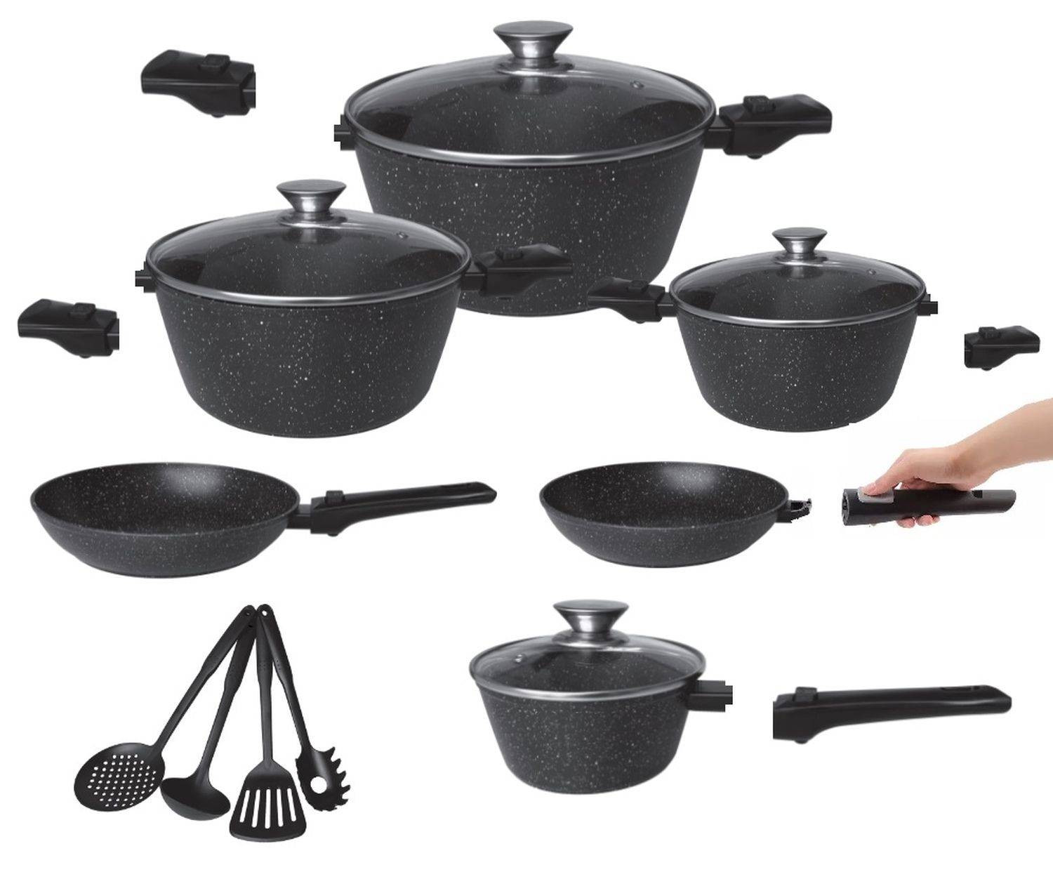 XXL 14 tlg Kochtopfset Abnehmbare Griffe Topf Set Pfanne +4 Küchenhelfer