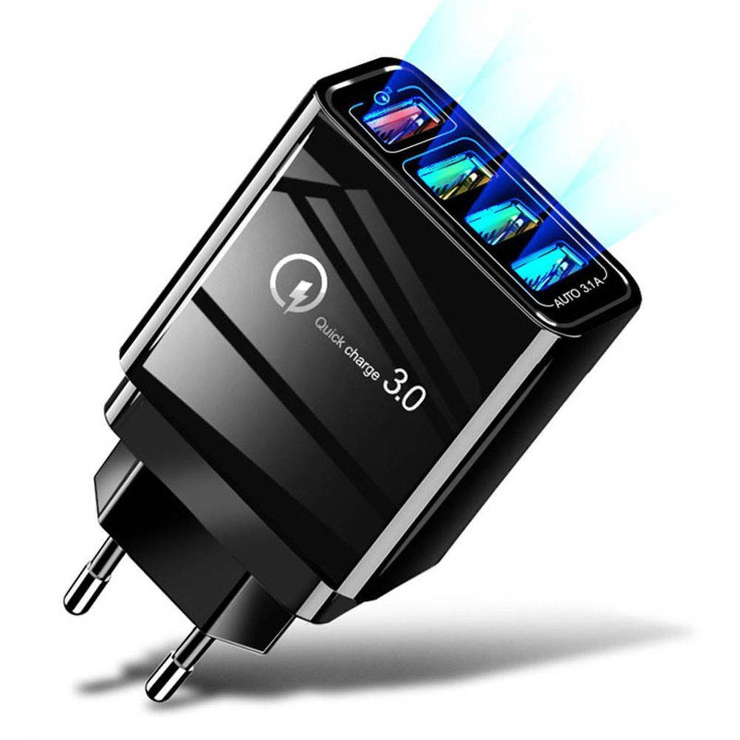 Nexeri Ladegerät Wall Charger 4xUSB-Anschluss QC 3.0 Wand-Ladegerät EU-Stecker (BK376) Schwarz