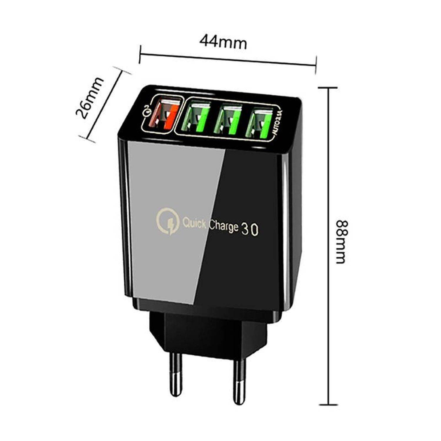 Nexeri Ladegerät Wall Charger 4xUSB-Anschluss QC 3.0 Wand-Ladegerät EU-Stecker (BK376) Schwarz