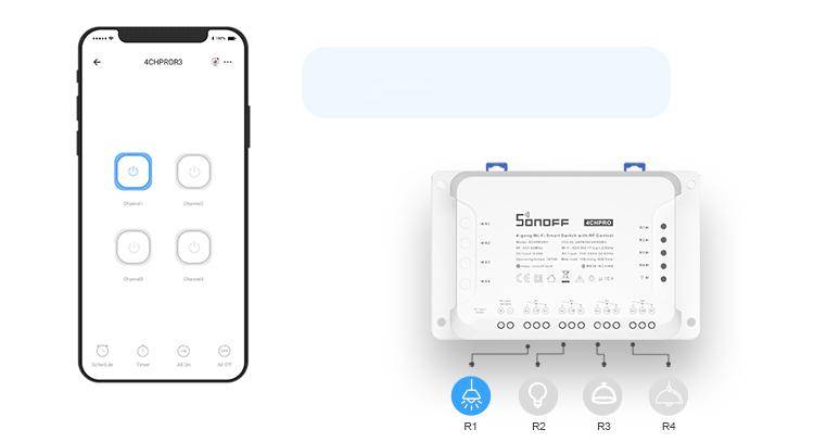 Sonoff Smart 4-Kanal-Relais Wi-Fi-Stromschalter Intelligentes Wi-Fi-Relais Weiß (4CHR3)
