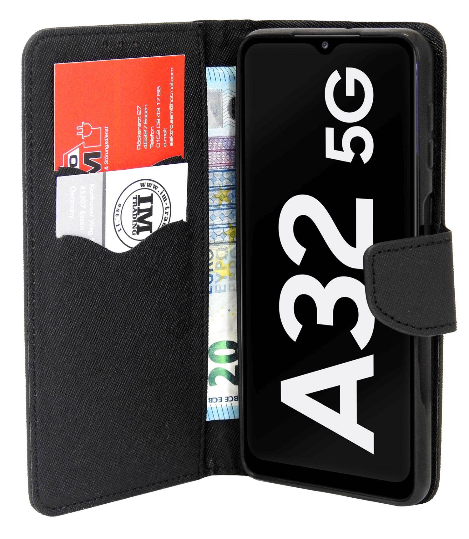 Buch Tasche "Fancy" für Samsung Galaxy A04s Handy Hülle Etui Schutzhülle mit Standfunktion, Kartenfach Schwarz