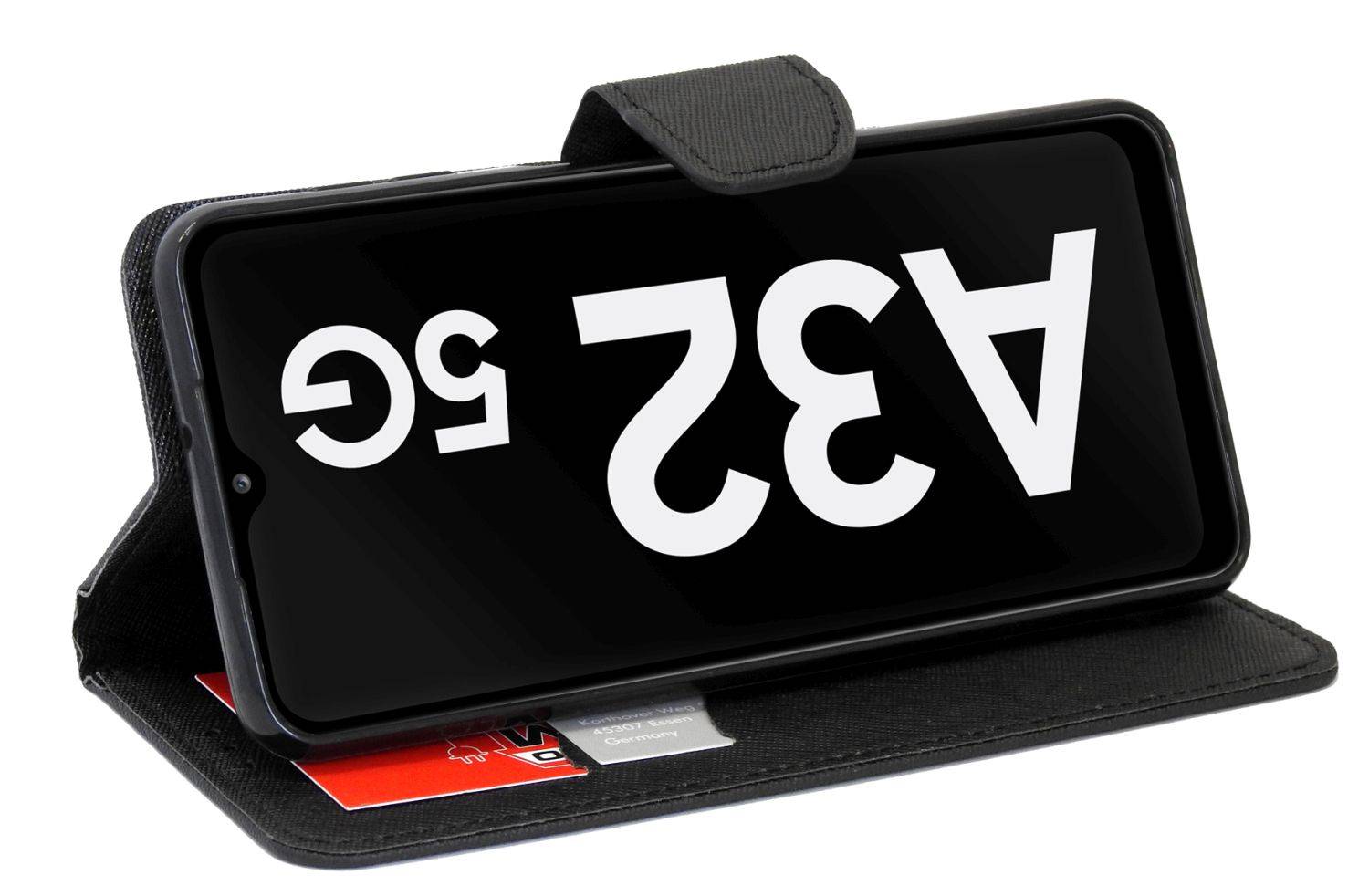Buch Tasche "Fancy" für Samsung Galaxy A04s Handy Hülle Etui Schutzhülle mit Standfunktion, Kartenfach Schwarz