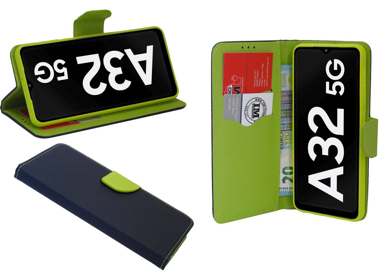 Buch Tasche "Fancy" für Samsung Galaxy A04s Handy Hülle Etui Schutzhülle mit Standfunktion, Kartenfach Blau-Grün