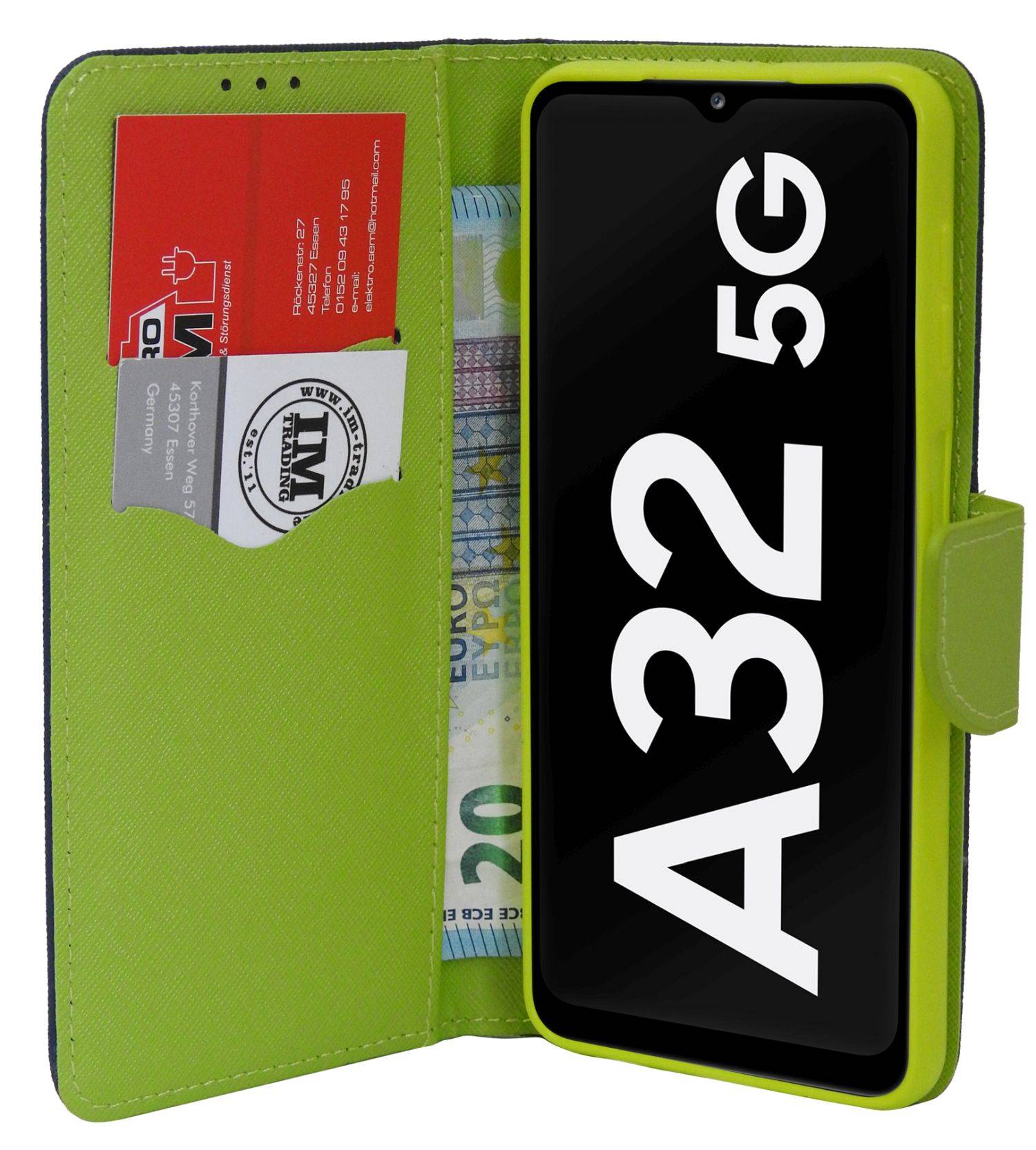 Buch Tasche "Fancy" für Samsung Galaxy A04s Handy Hülle Etui Schutzhülle mit Standfunktion, Kartenfach Blau-Grün