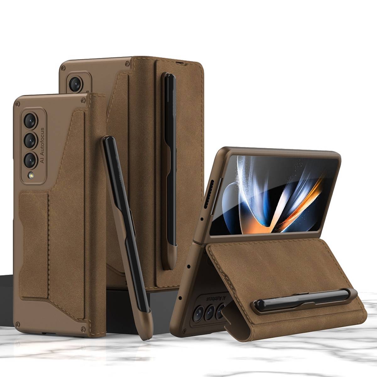 Für Samsung Galaxy Z Fold4 5G Armor Flip Kunstleder Handy Tasche Hülle Etuis Braun