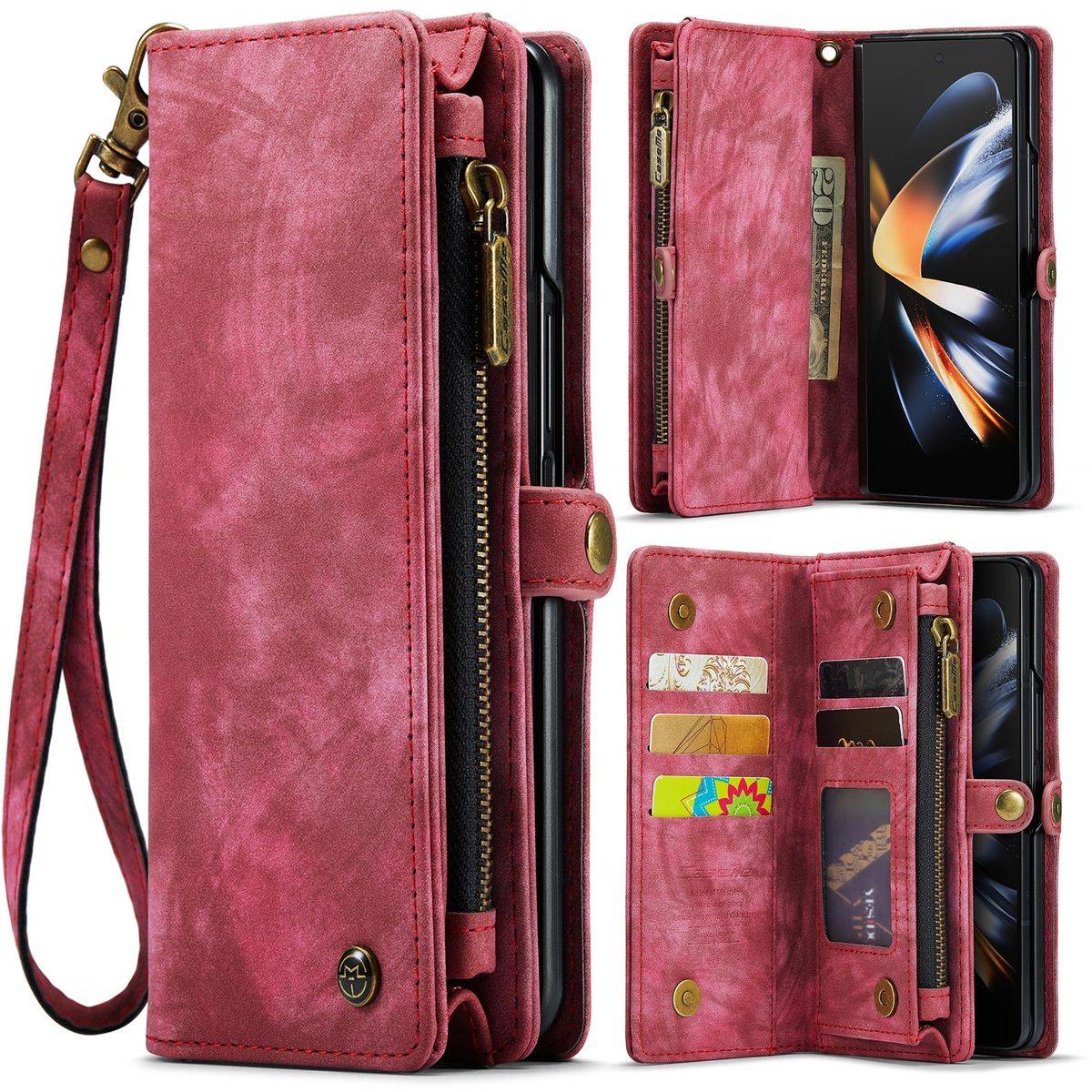 Für Samsung Galaxy Z Fold4 5G CaseMe Handy Tasche Kunstleder Hülle Etuis Rot + Reißverschluss