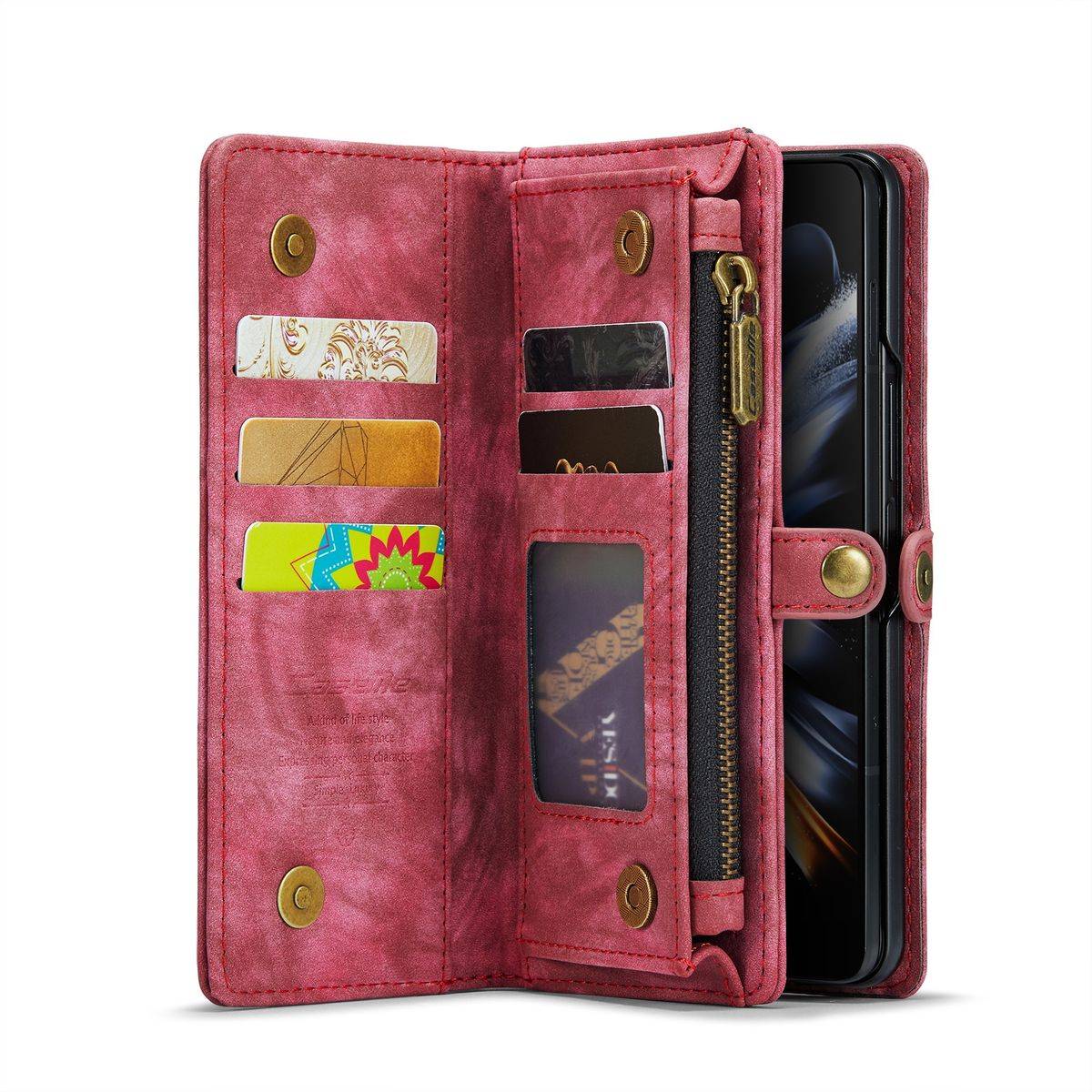 Für Samsung Galaxy Z Fold4 5G CaseMe Handy Tasche Kunstleder Hülle Etuis Rot + Reißverschluss