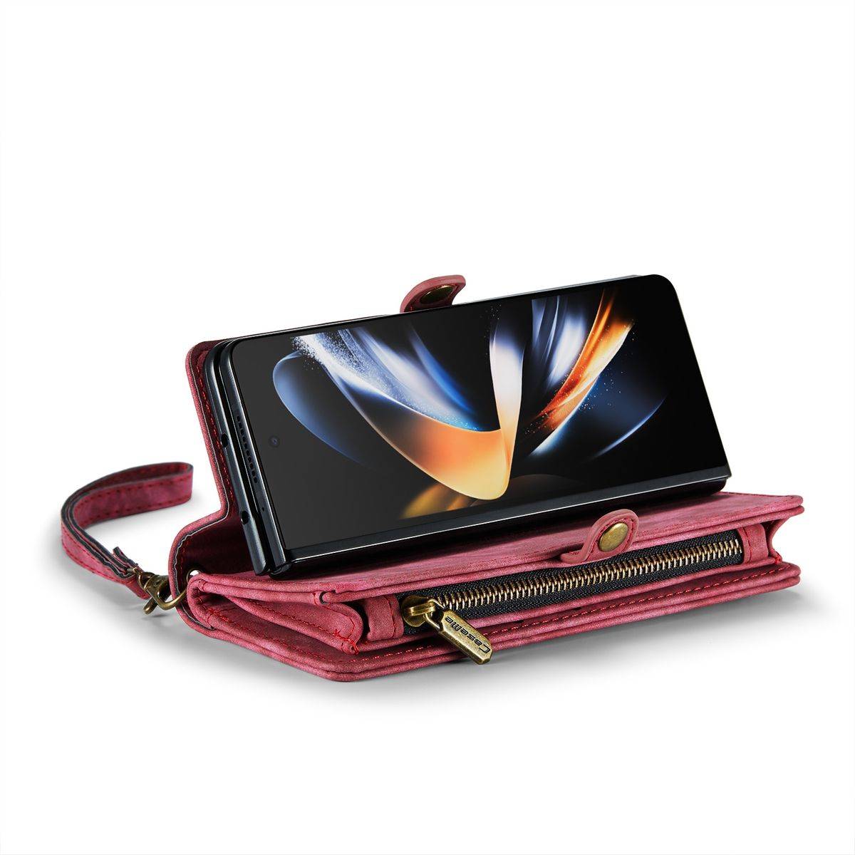Für Samsung Galaxy Z Fold4 5G CaseMe Handy Tasche Kunstleder Hülle Etuis Rot + Reißverschluss