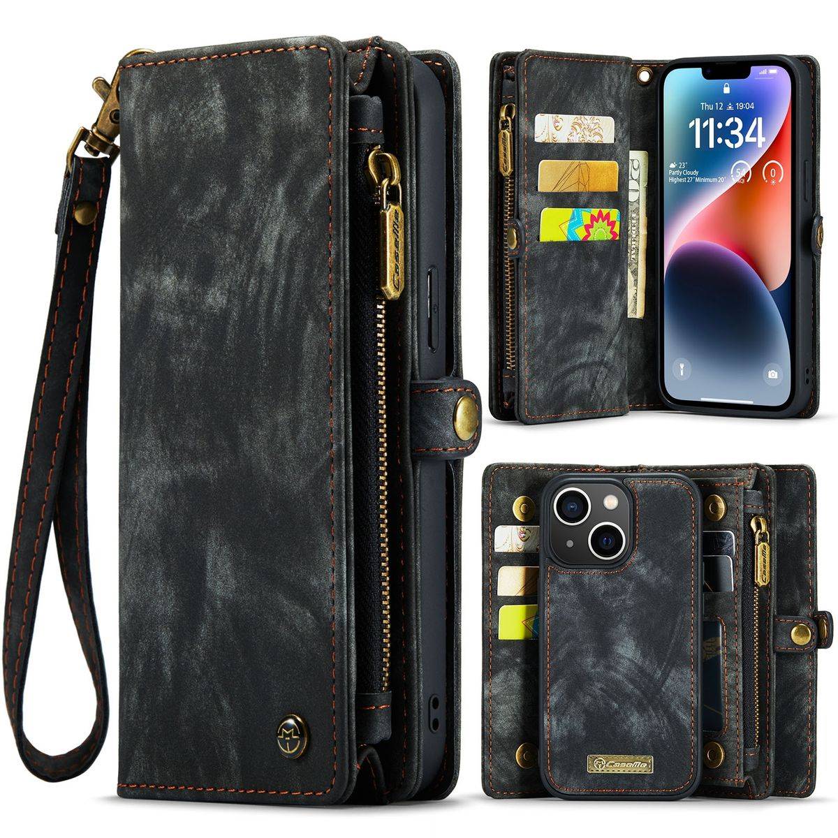 Für Apple iPhone 14 Plus CaseMe Handy Tasche Kunstleder Hülle Etuis Schwarz + Reißverschluss