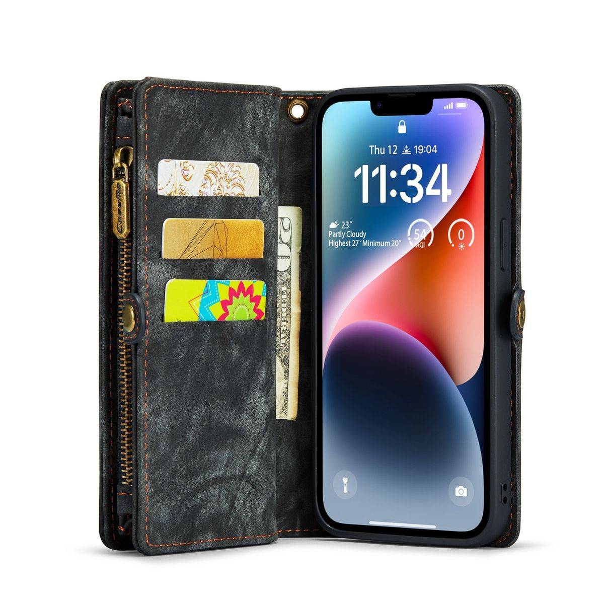 Für Apple iPhone 14 Plus CaseMe Handy Tasche Kunstleder Hülle Etuis Schwarz + Reißverschluss