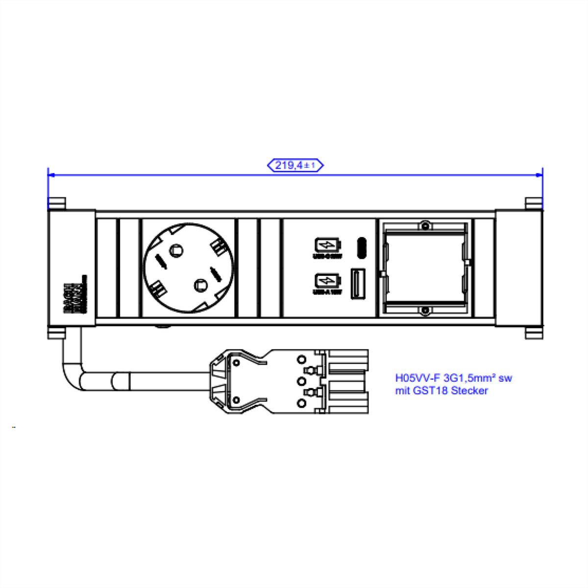 BACHMANN POWER FRAME S 1xCEE7/3 1xCM, 1xUSB 22W 0,2m GST18