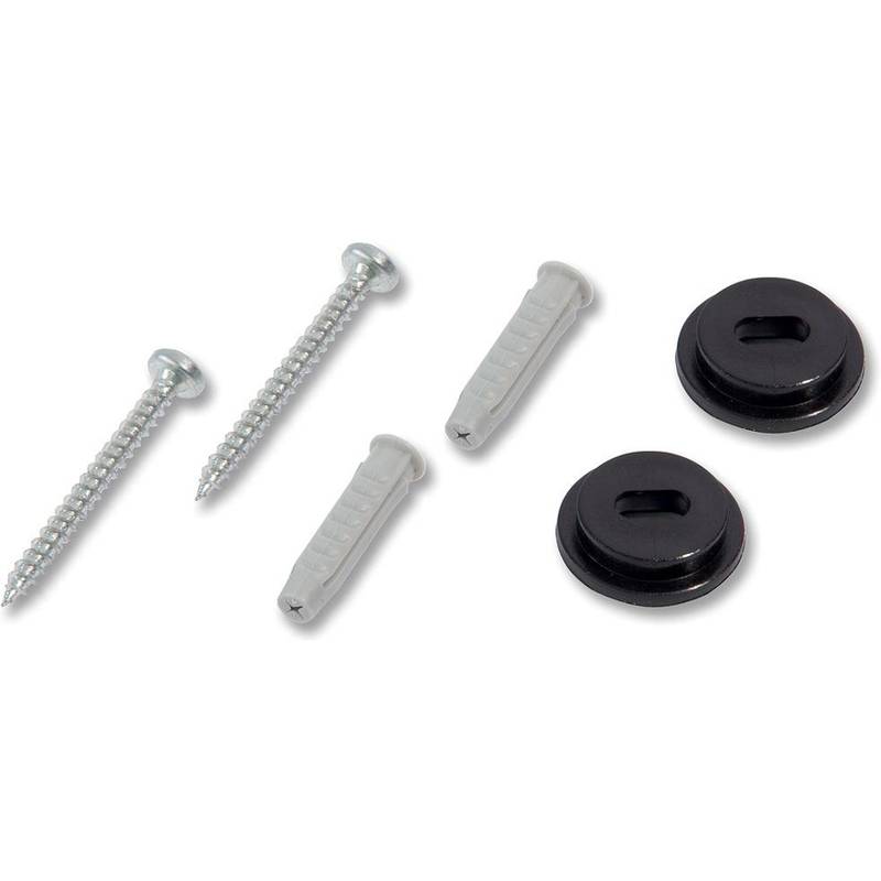 Zwei Schrauben, zwei Dübel und zwei schwarze Abdeckkappen auf einem weißen Hintergrund.