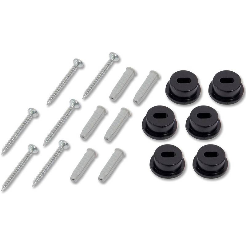 Sechs Schrauben, sechs Kunststoff-Dübel und vier schwarze Abdeckkappen, die auf einer weißen Oberfläche angeordnet sind und zum Befestigen oder Sichern von Gegenständen verwendet werden.