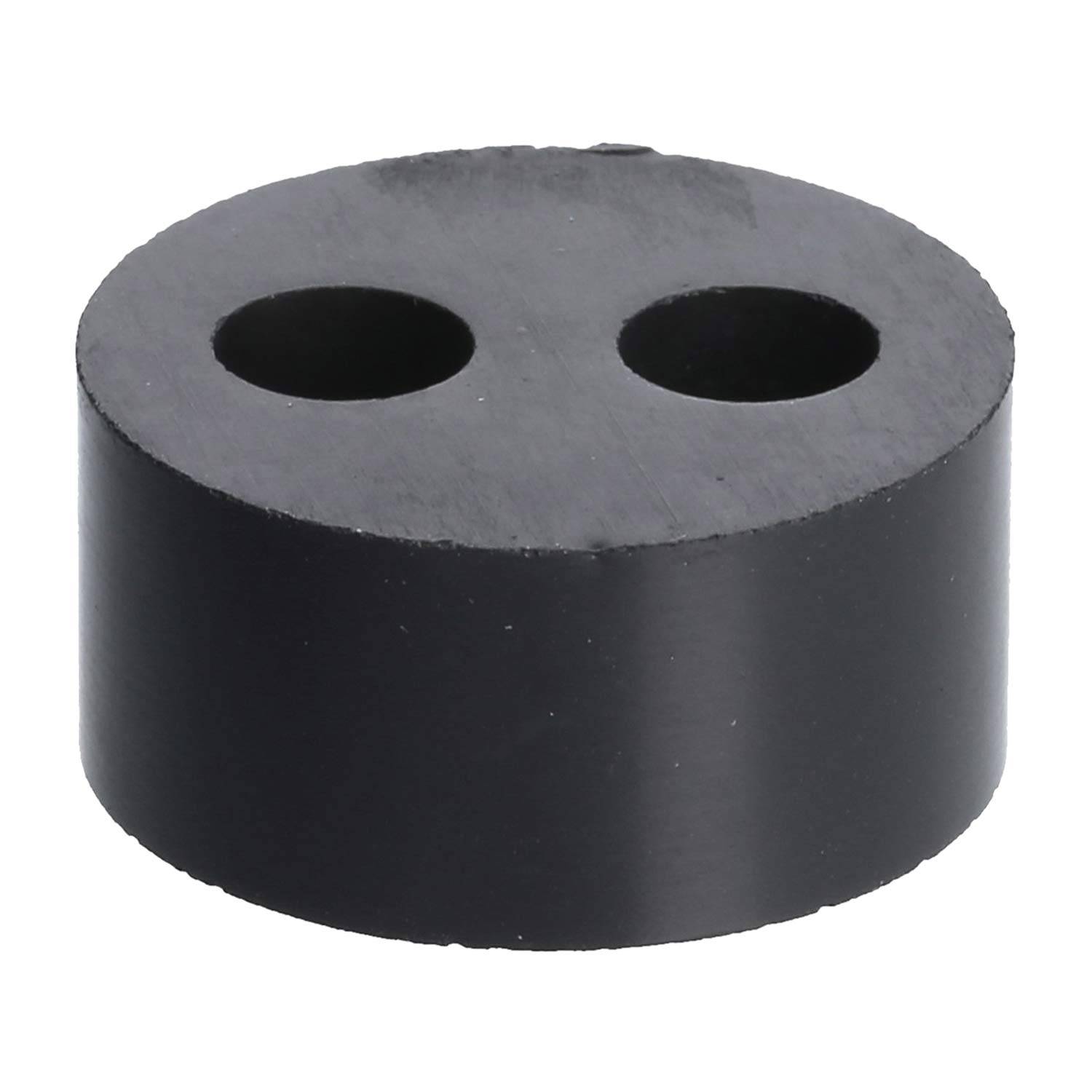 Ein kreisförmiger schwarzer Gummistopfen mit zwei Löchern oben, der zum Verschließen von Öffnungen oder Rohren verwendet wird.