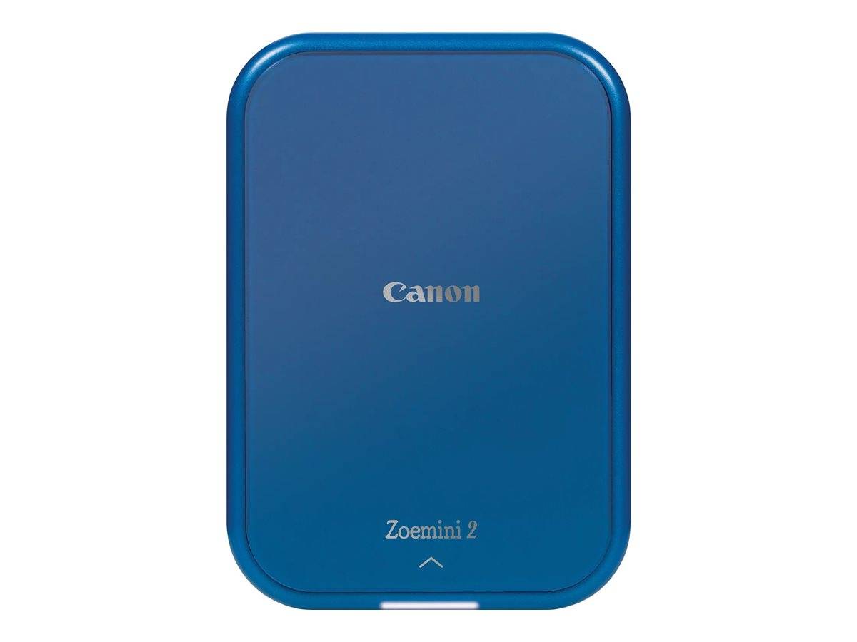 Blauer Canon Zoemini 2 tragbarer Fotodrucker in Vorderansicht auf weißem Hintergrund.