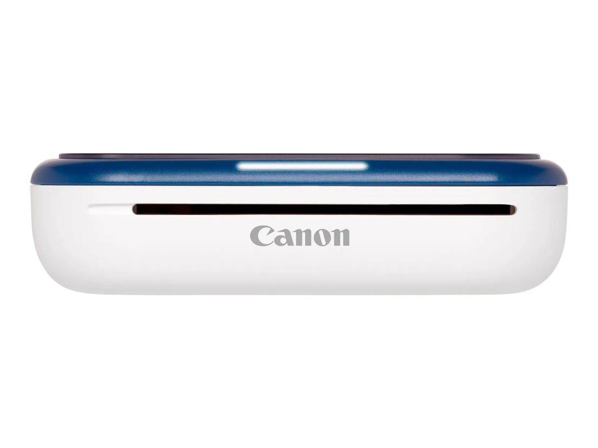 Tragbarer weißer Canon-Drucker mit blauem Deckel, geschlossen vor einem einfachen Hintergrund dargestellt.