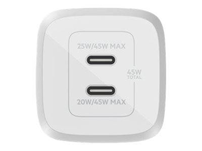 Belkin BoostCharge Pro GaN - Netzteil - PPS- und GaN-Technologie - 45 Watt - Fast Charge, PD 3.0 - 2 Ausgabeanschlussste