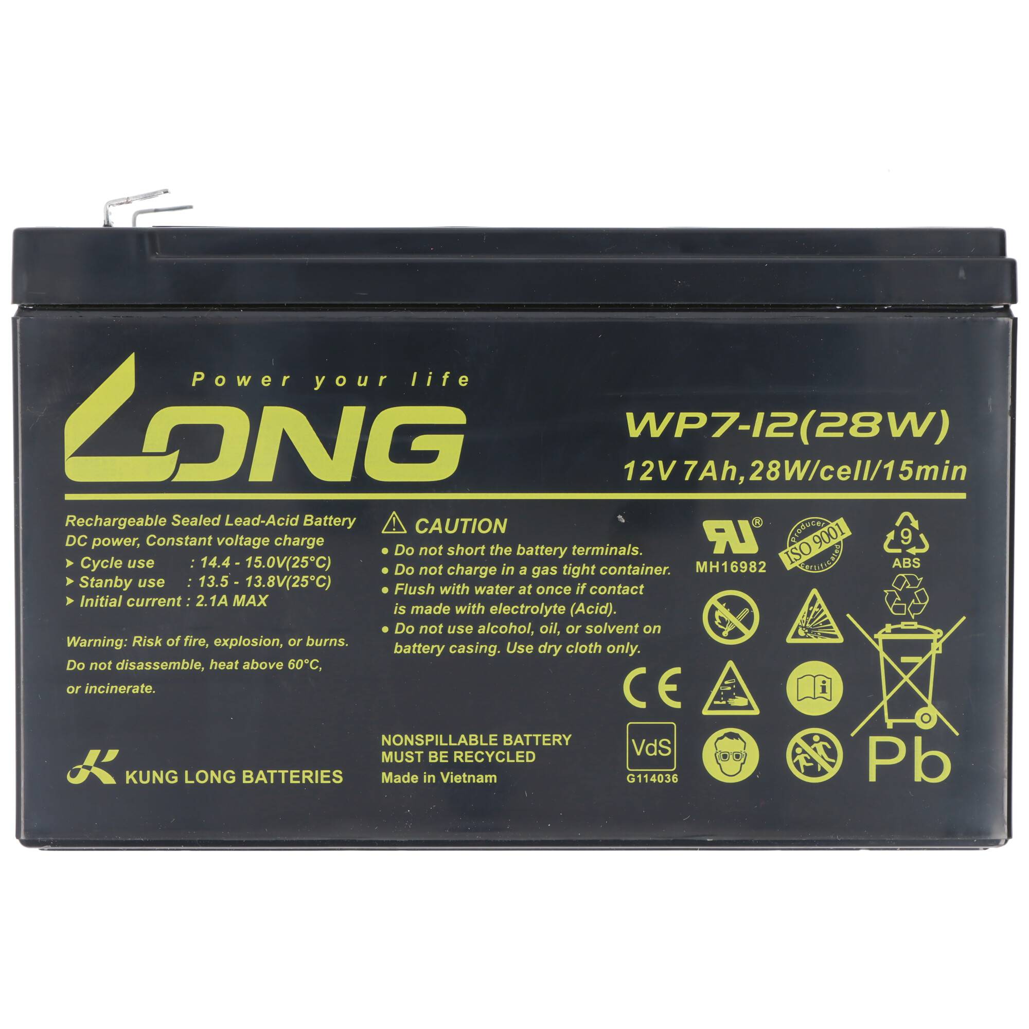 Schwarze KUNG LONG wiederaufladbare versiegelte Blei-Säure-Batterie mit der Bezeichnung „WP7-12(28W)