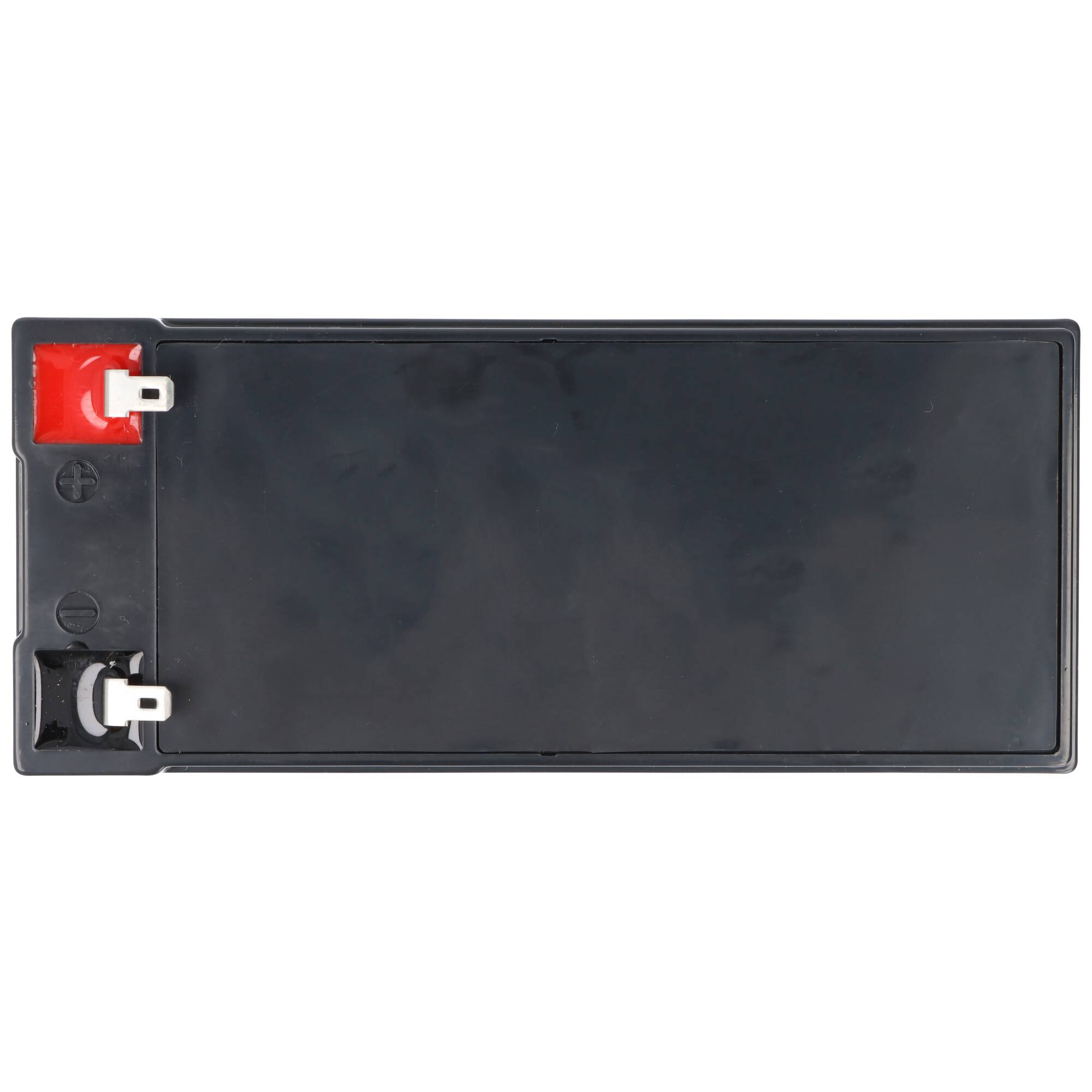 Rechteckige schwarze Batterie mit zwei Anschlüssen auf der linken Seite, rot positiv oben und schwarz negativ unten.