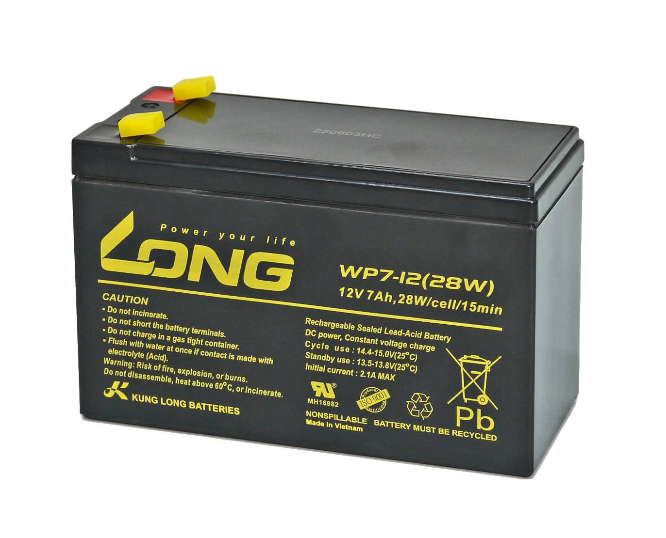 Schwarze wiederaufladbare LANGZEIT-12V-7Ah-versiegelte Blei-Säure-Batterie mit gelben Anschlusskappe und Produktetikett an der Seite.