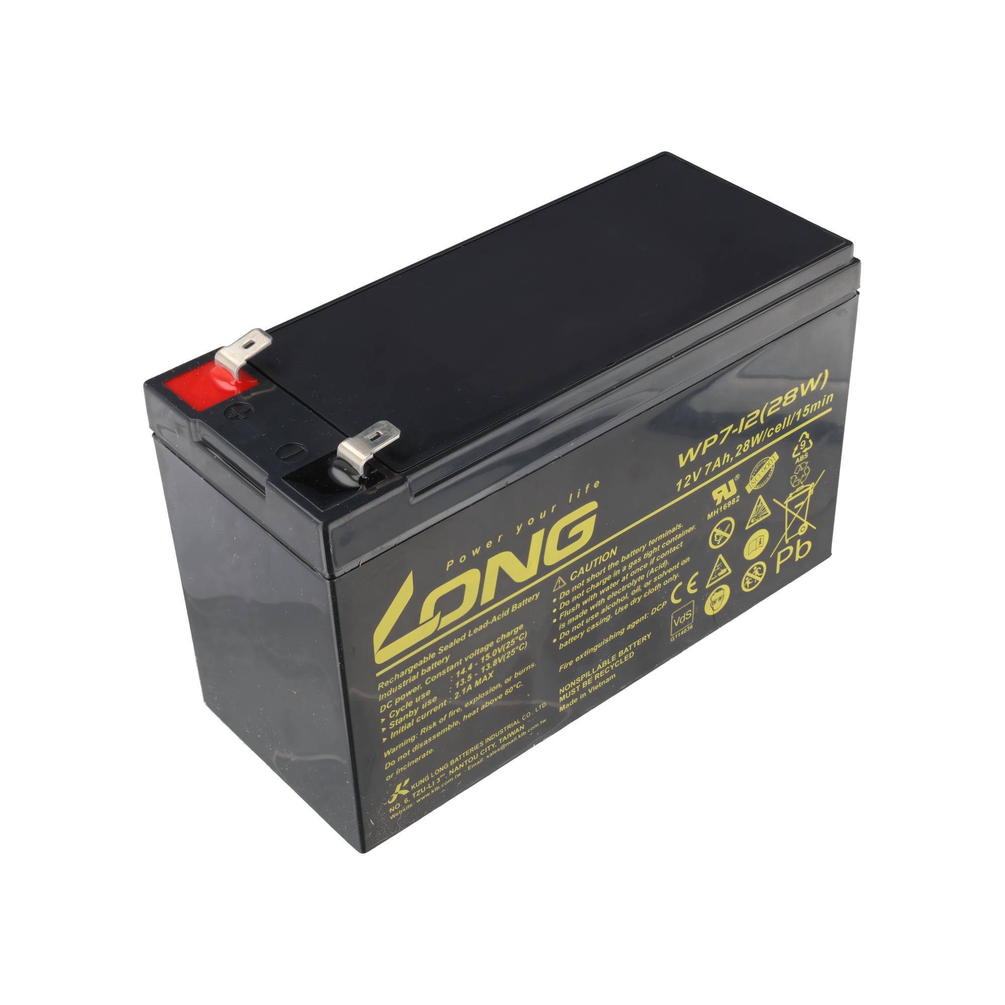 Schwarze rechteckige wiederaufladbare Batterie mit roten und schwarzen Anschlüssen, beschriftet mit LONG und WP12-12BWI, auf weißem Hintergrund gezeigt.