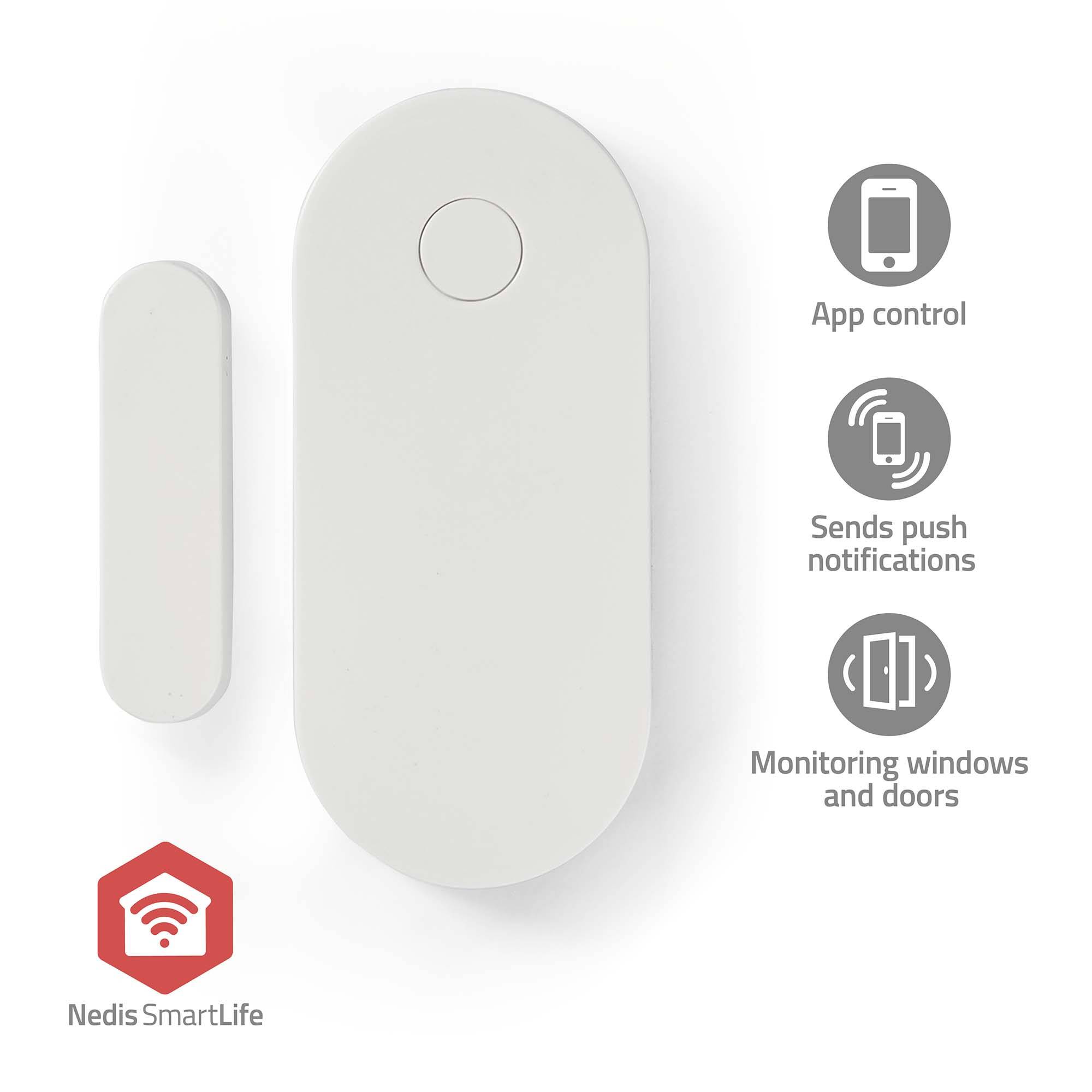 Smart-Home-Sensoren mit App-Steuerung, sendet Push-Benachrichtigungen, überwacht Fenster und Türen. Nedis SmartLife-Logo in der Ecke.