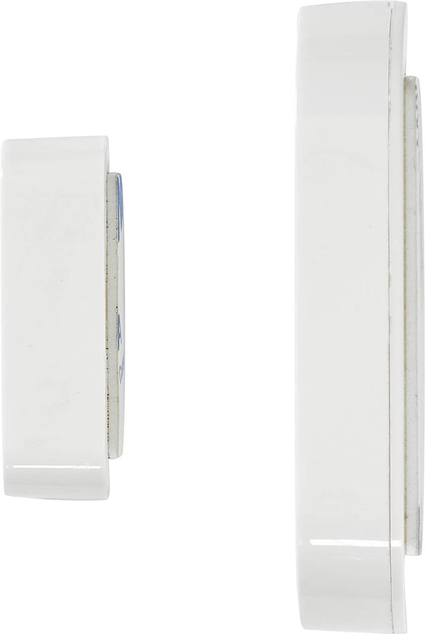 Eine Nahaufnahme einer weißen magnetischen Türfalle, die die Seiten- und Kantenansichten des Fangmechanismus auf weißem Hintergrund zeigt.