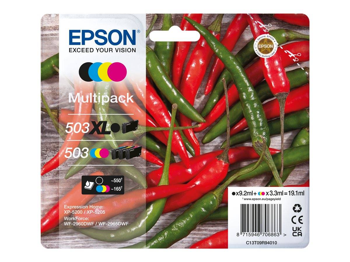 Epson Multipack-Tintenpatronen 503XL und 503 für Drucker, auf der Verpackung mit roten und grünen Paprikaschoten abgebildet, was auf schwarze, cyan-, magenta- und gelbe Tinten hinweist.