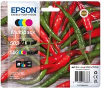 Epson Multipack-Tintenpatronenpakete mit der Bezeichnung "503XL"" und ""503"", abgebildet über roten und grünen Chilischoten mit Barcode und Kompatibilitätssymbolen.