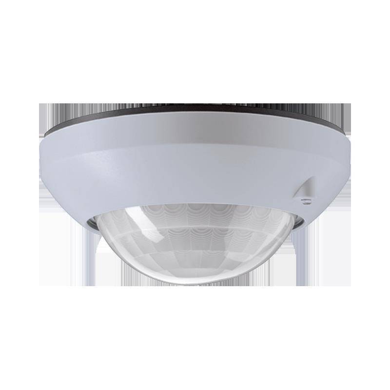 Ein weißer, an der Decke montierter Bewegungssensor mit einer kuppelförmigen Abdeckung, der für den Innenbereich konzipiert ist.