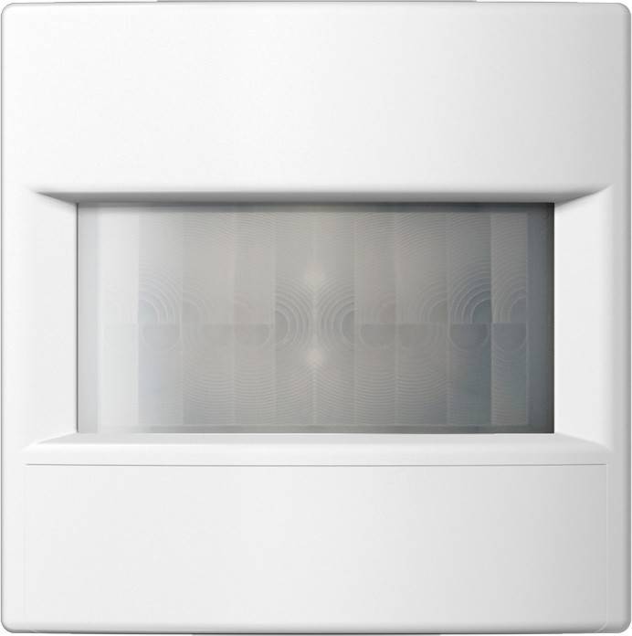 Ein Bewegungssensor mit rechteckigem Design, versehen mit einem weißen Rahmen und einer transluzenten Abdeckung, die die Sensorelemente im Inneren verbirgt.