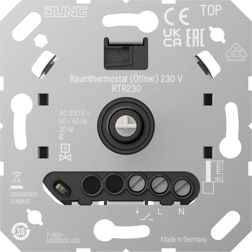 Ein elektronisches Raumthermostat, Modell RTR230, mit technischen Spezifikationen, die darauf gedruckt sind, einschließlich Spannungs- und Frequenzangaben.