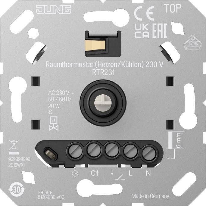 JUNG Raumthermostat (Heizen/Kühlen) 230 V RTR231 mit zentralem Einstellrad, Spannungsangaben und Anschlussports. Made in Germany.