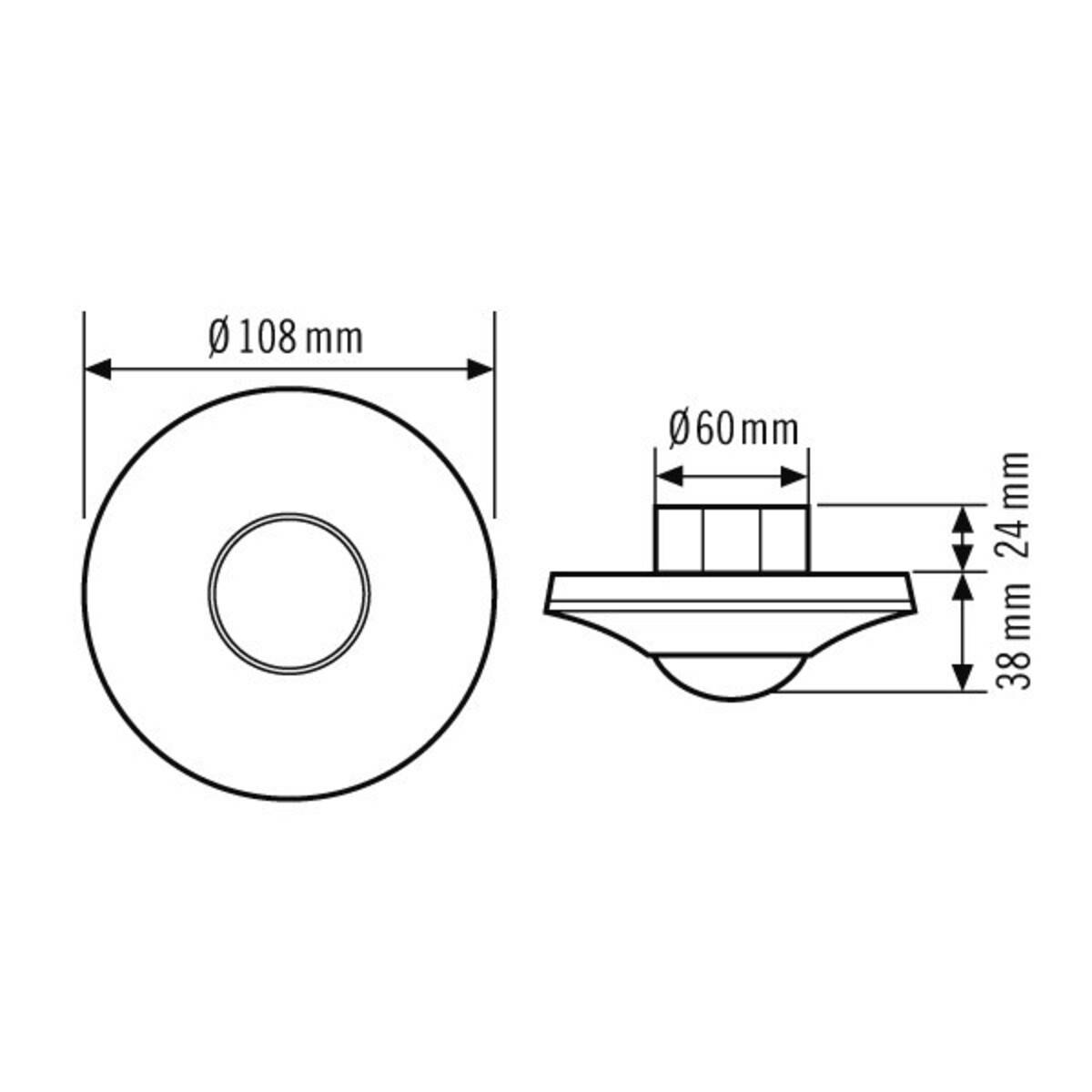 „Ein kreisförmiges Objekt mit den Abmessungen: Durchmesser 108mm, Höhe 38mm einschließlich eines 24mm Vorsprungs und 60mm Innendurchmesser.