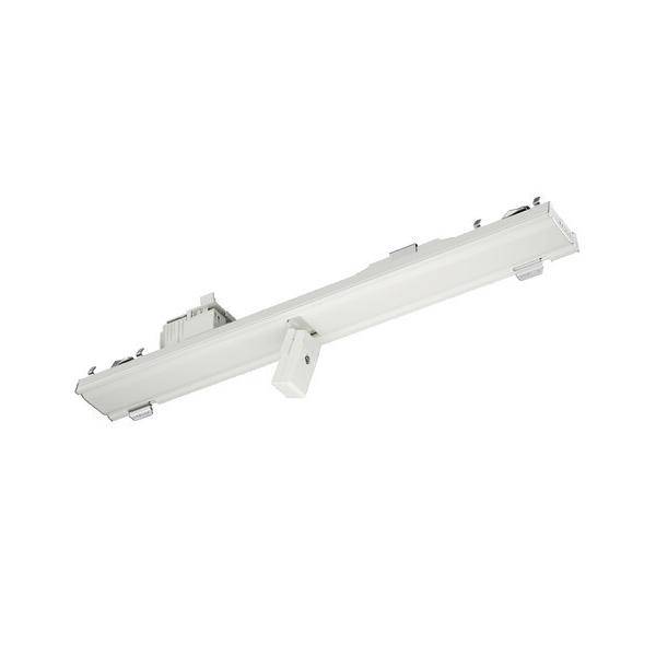 Weiße LED-Deckenleuchte mit schlankem, rechteckigem Design und Montageklammer.