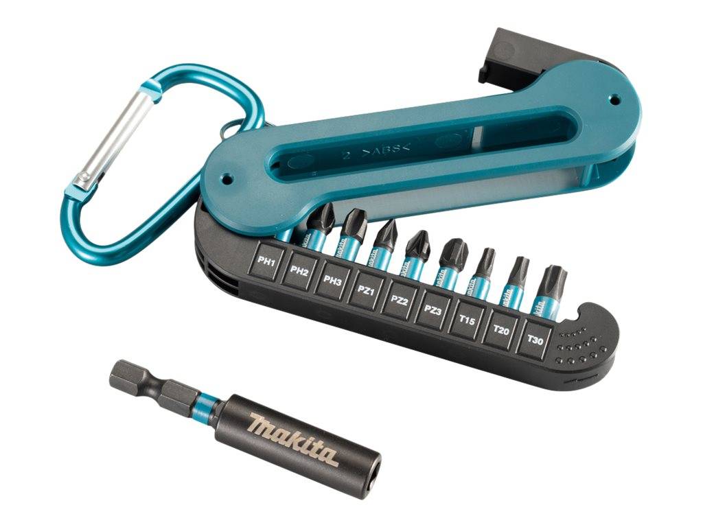 Werkzeugsatz mit einem türkisfarbenen Karabiner-Gehäuse mit 10 beschrifteten Innensechskant-Bits und einem Makita-Bit-Halter auf weißem Hintergrund.