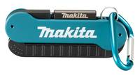 Makita-Stahlmaßstab in Blau mit ausfahrbarem Stahllineal und Metallkarabinerhaken auf weißem Hintergrund