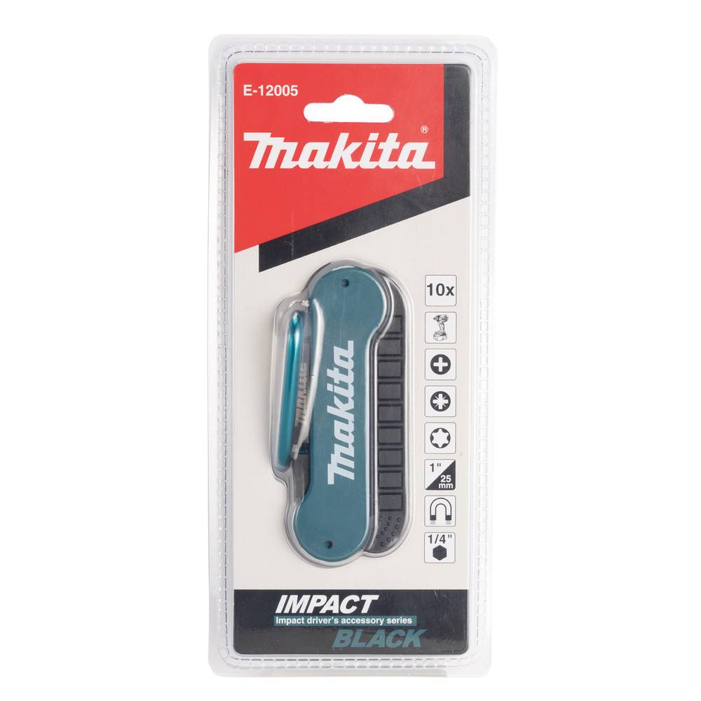 Makita Schlagschrauber-Bitsatz, 10 Stück, in einer schwarz-weißen Verpackung mit roter Markierung, mit verschiedenen Größen und Typen.